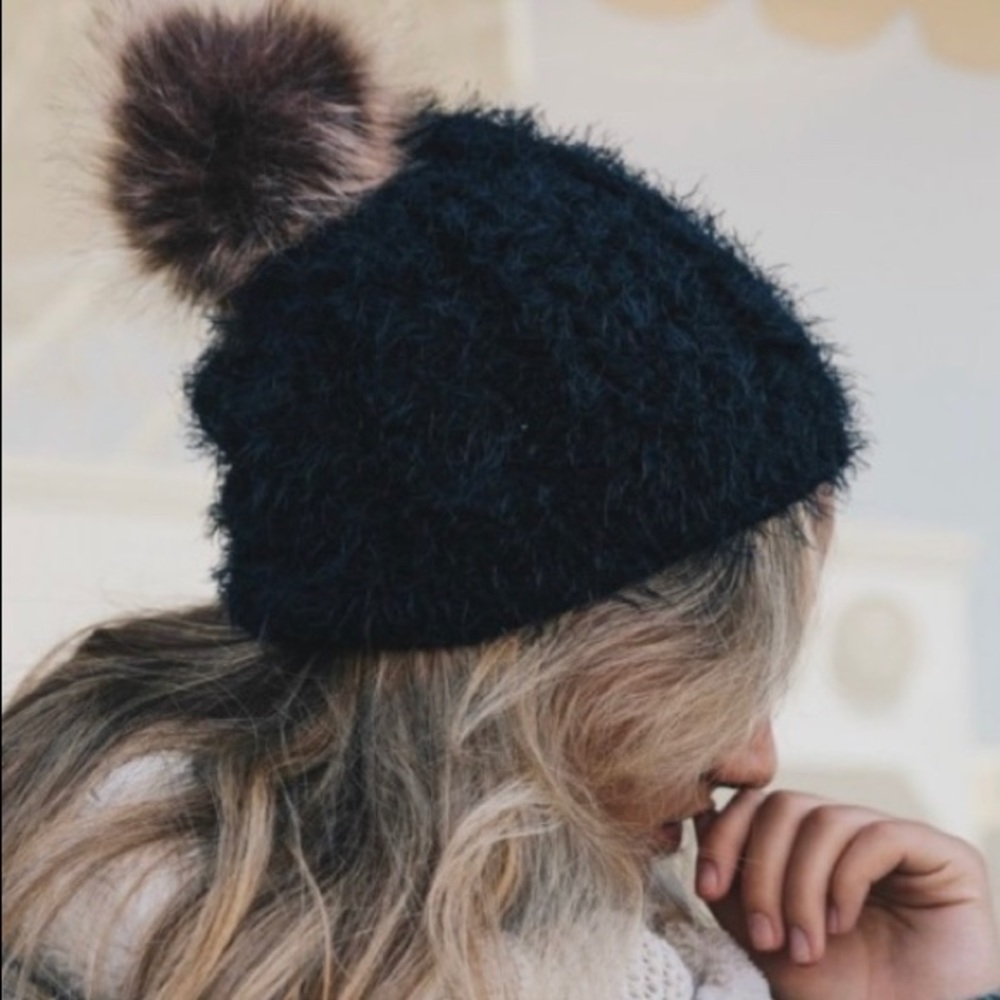 Faux Mohair Pom Pom Beanie, Black, Ultra Soft